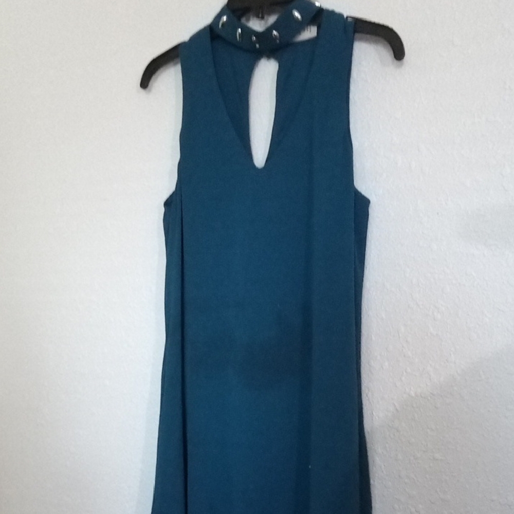 Wrapper One-Shoulder Teal Dress with Studded Choker